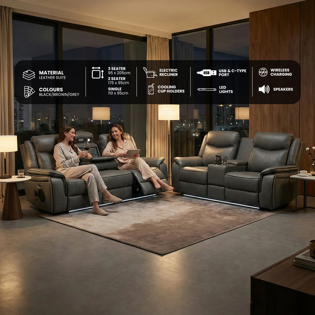 Parada Leather Electric Recliner Sofa 3+2 Seater-Bluetooth/USB/C-Type/Led/Cooling-Heating Cup Holders