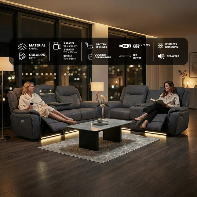 Pradaa Fabric Electric Recliner Sofa Set With Cupholders – 3+2 Seater Sofa Set – LED Lights – Bluetooth Speakers – Cooling cupholders – USB and Type-C charging ports (3+2 Seater)