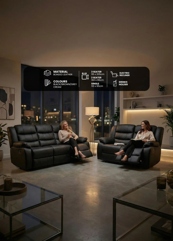 Roma Leather Recliner Sofa 3+2 Seater With Cup Holder Black/Grey