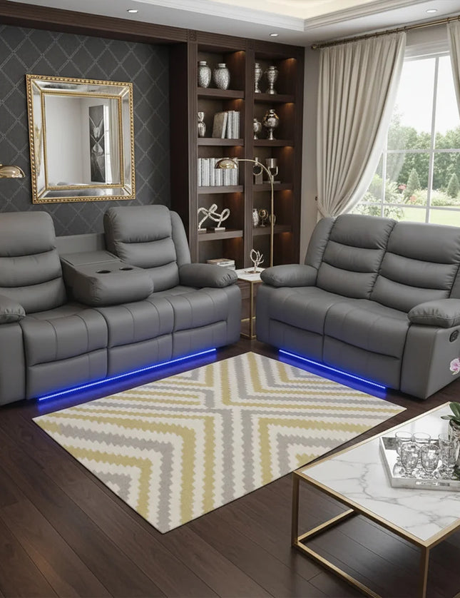 Madrid Leather Electric Recliner Sofa With Cupholders - Leather Sofa - 3+2 Seater - USB Charging Ports - LED Lights (Black, 3+2 Seater)
