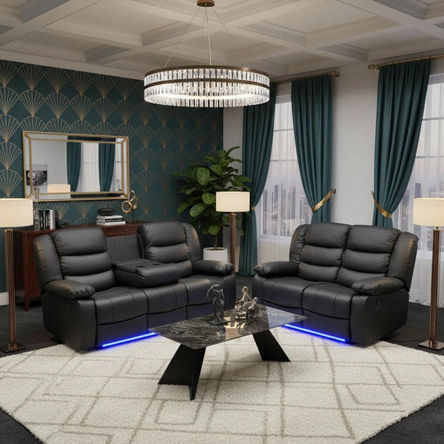 Modern living room with black leather sectional sofa, coffee table, and decorative elements. Envogue Furniture Limited