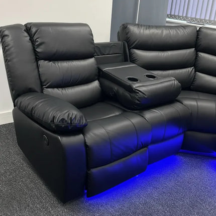 Roma Black Leather Electric Recliner Corner Sofa + LED/USB/ Cupholders
