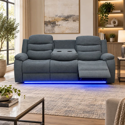 Madrid Fabric Electric Recliner Sofa with Cupholders – 3+2 Seater – USB Charging Ports – LED Lights – Fabric Recliner Sofa Set (Grey) (3+2 Seater)