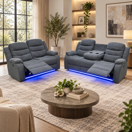 Madrid Fabric Electric Recliner Sofa with Cupholders – 3+2 Seater – USB Charging Ports – LED Lights – Fabric Recliner Sofa Set (Grey) (3+2 Seater)