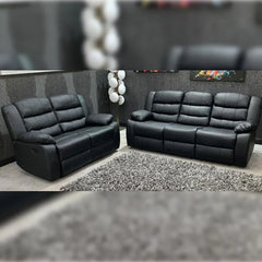 Roma Leather Recliner Sofa with Cupholders - 3+2 Seater Sofa - Black (3+2 Seater) (107)