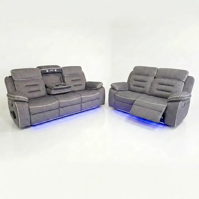 Hafsa Music 3 + 2 Elec Recliners. Grey OTE Fabric Set , USB, LED, Bluetooth