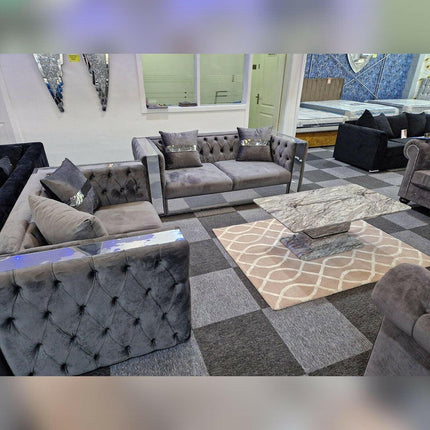 Valentino Chesterfield Glass Sofa 3+2 Seater Grey - Envogue Furniture
