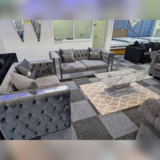 Valentino Chesterfield Glass Sofa 3+2 Seater Grey - Envogue Furniture