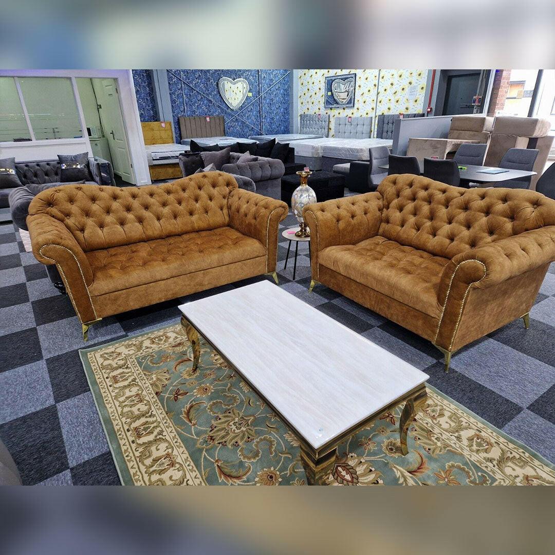 Elegance Chesterfield Sofa 3+2 GOLD | Buy Online UK – Envogue Furniture