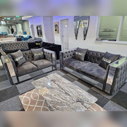 Valentino Chesterfield Glass Sofa 3+2 Seater Grey - Envogue Furniture