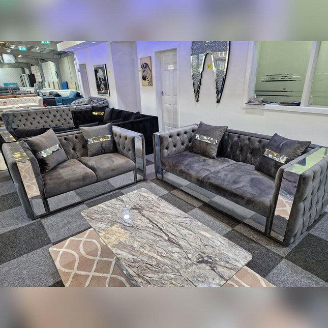 Valentino Chesterfield Glass Sofa 3+2 Seater Grey - Envogue Furniture
