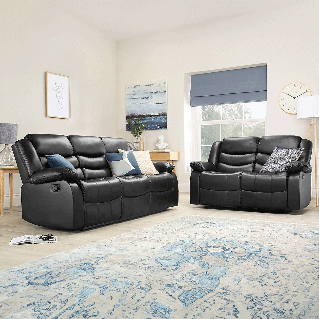 Sorrento Leather Recliner Sofa 3+2 Seater Black – Envogue Furniture