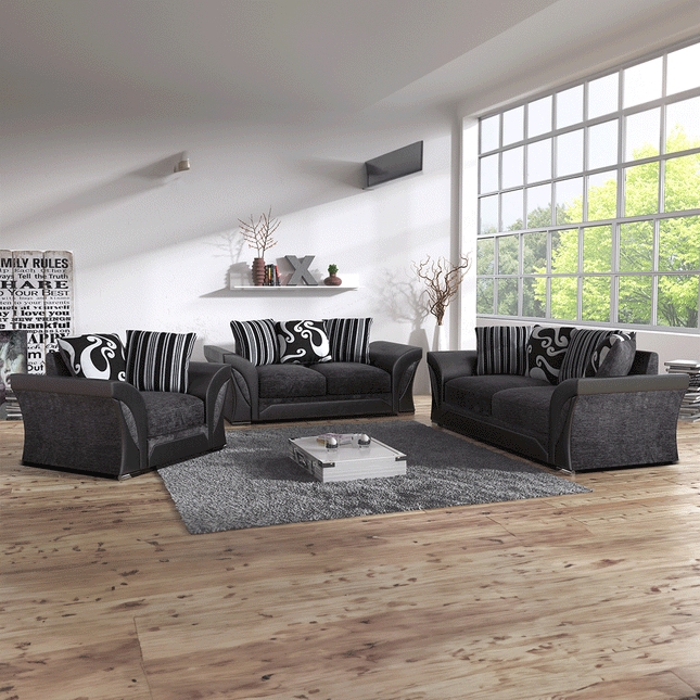 3+2 SHANNON FARROW LARGE SOFA CHENILLE FABRIC GREY BLACK/BROWN BEIGE (GREY BLACK). Fire resistant as per British Standards, foam filled seats for comfort. MNS (MY NEW SOFA) LTD