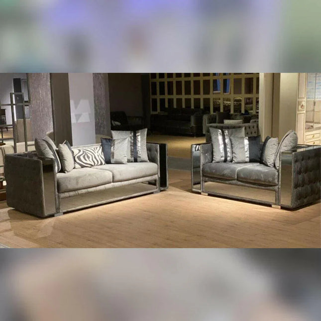 Valentino Chesterfield Glass Sofa 3+2 Seater Grey - Envogue Furniture