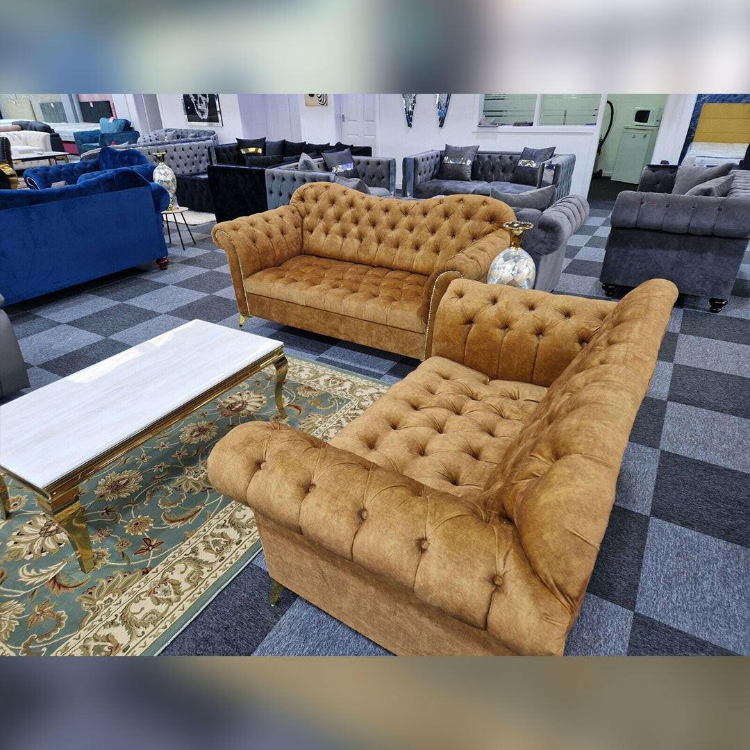 Elegance Chesterfield Sofa 3+2 GOLD | Buy Online UK – Envogue Furniture