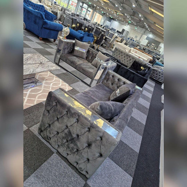 Valentino Chesterfield Glass Sofa 3+2 Seater Grey - Envogue Furniture