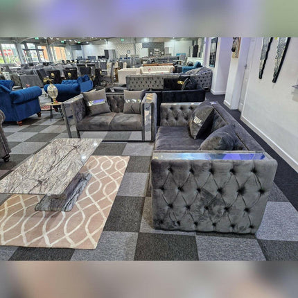 Valentino Chesterfield Glass Sofa 3+2 Seater Grey - Envogue Furniture