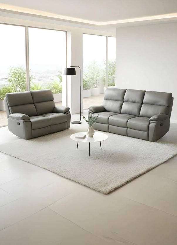 Valencia Entertainment Leather Recliner Sofa 3+2 Seater(Grey,Black)-Bluetooth Speakers/Usb ports/Wireless charging