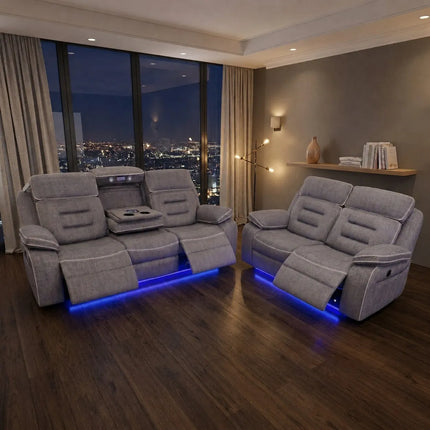 Hafsa Music 3 + 2 Elec Recliners. Grey OTE Fabric Set , USB, LED, Bluetooth