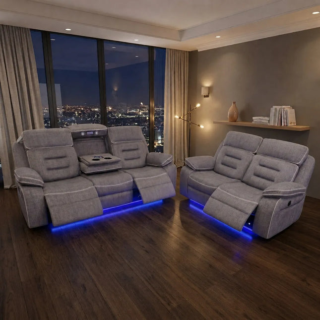 Hafsa Music 3 + 2 Elec Recliners. Grey OTE Fabric Set , USB, LED, Bluetooth