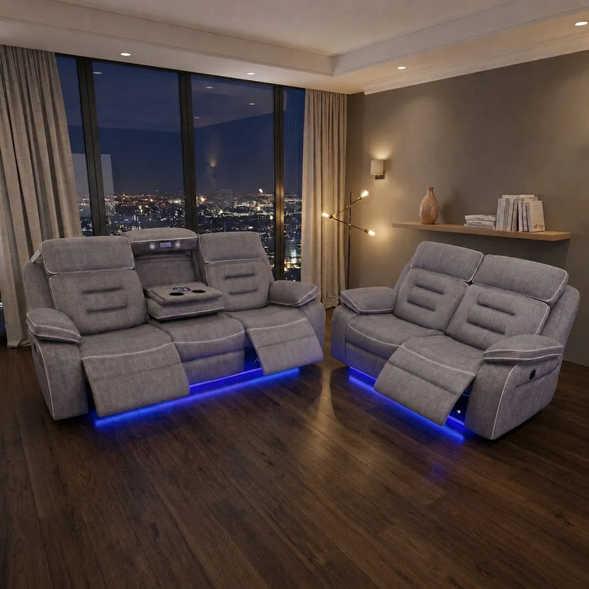 Hafsa Music 3 + 2 Elec Recliners. Grey OTE Fabric Set , USB, LED, Bluetooth