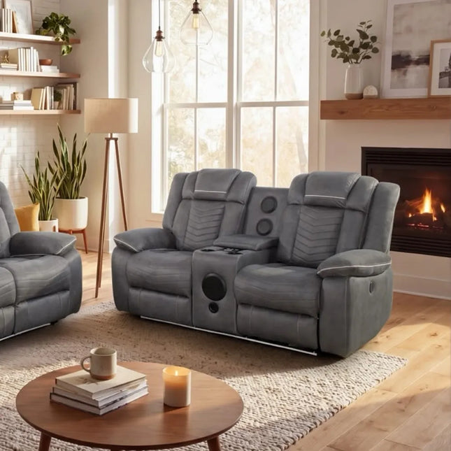 Michigan Fabric Electric Recliner 3+2 Seater Sofa Set – Grey | Bluetooth Speakers, LED Lights, USB & Type-C Charging, Cup Holders & Storage