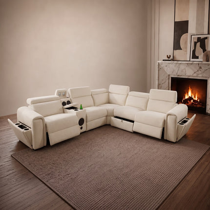 Cuba Fabric Electric Recliner Corner Sofa – Grey, Silver & Beige | USB-C, LED Lights & Storage