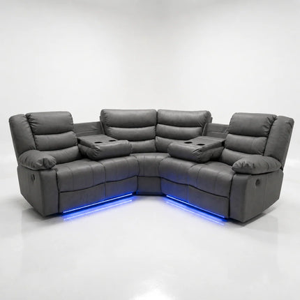 Roma Grey Leather Electric Corner Recliner Sofa + LED/USB/C