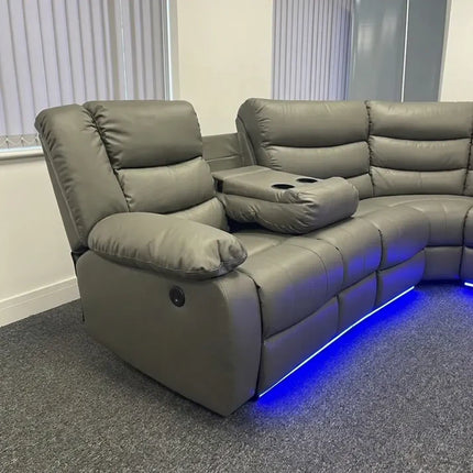 Roma Leather Electric Recliner Corner Sofa – Grey & Black | LED Lights, USB Ports & Cup Holders