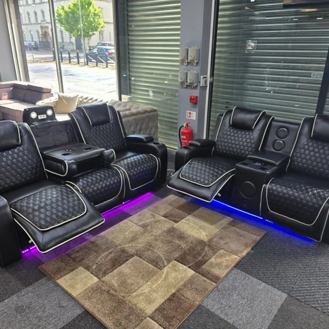 Malaga Leather Electric Recliner Sofa Set – 3+2 Seater with LED Lights, Bluetooth Speakers, USB & Type-C Charging and Wireless Charging (Grey, Black & Cream)
