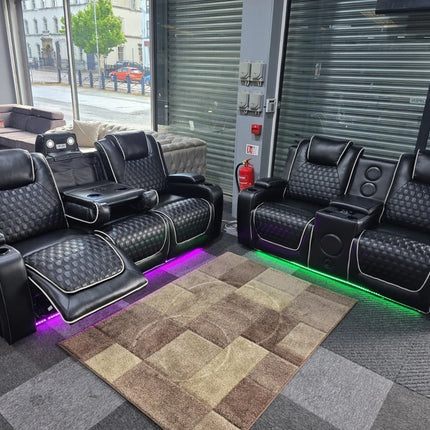 Malaga Leather Electric Recliner Sofa Set – 3+2 Seater with LED Lights, Bluetooth Speakers, USB & Type-C Charging and Wireless Charging (Grey, Black & Cream) - Buy Online UK